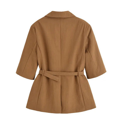 Half Sleeve Lace-up Suit Jacket Linen Leisure Mid Waist Shorts Suit.