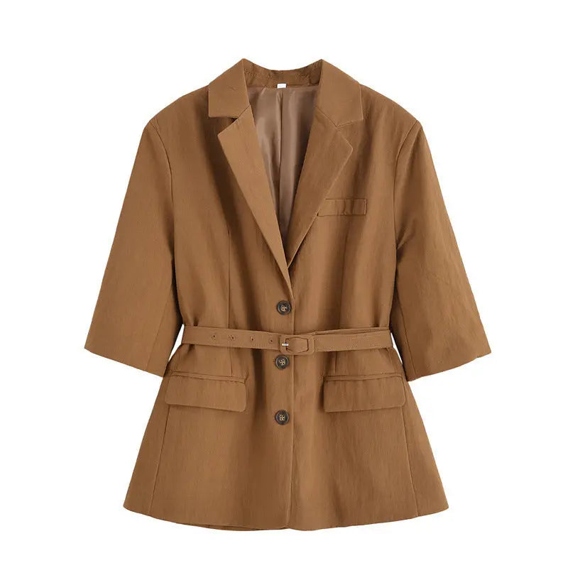 Half Sleeve Lace-up Suit Jacket Linen Leisure Mid Waist Shorts Suit.