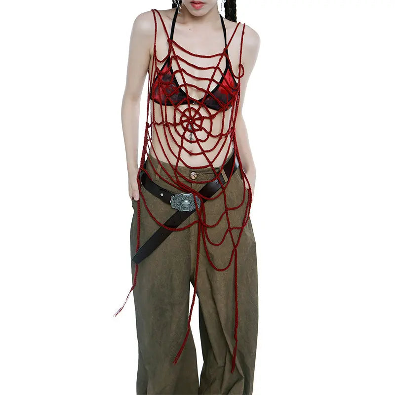 Harajuku Gothic Red Black Spider Web Tassel Hollow Out Long Tank Top Alamode