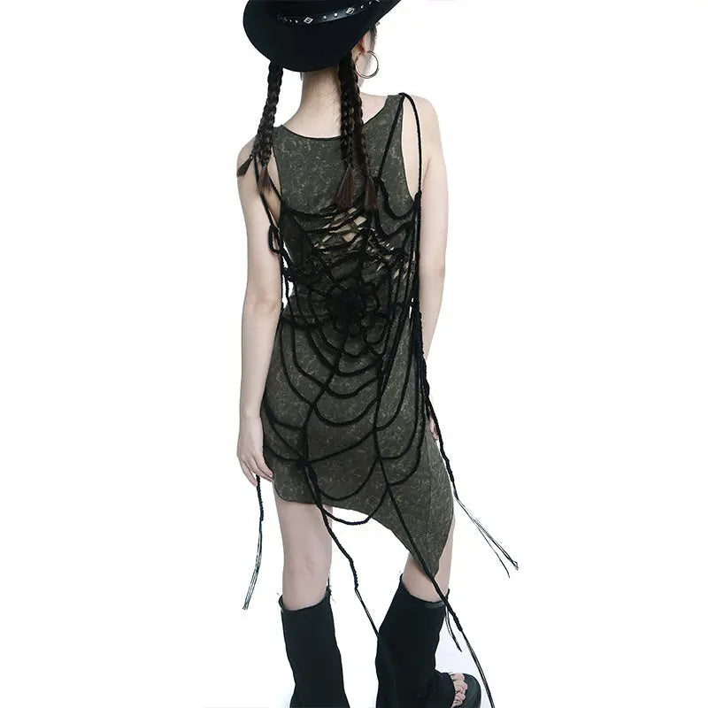 Harajuku Gothic Red Black Spider Web Tassel Hollow Out Long Tank Top Alamode