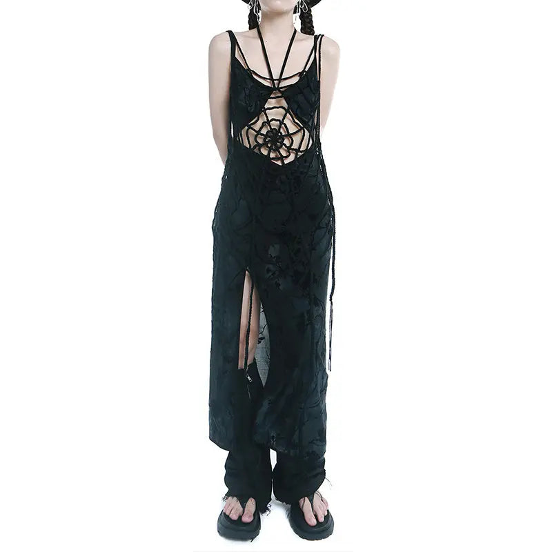 Harajuku Gothic Red Black Spider Web Tassel Hollow Out Long Tank Top Alamode