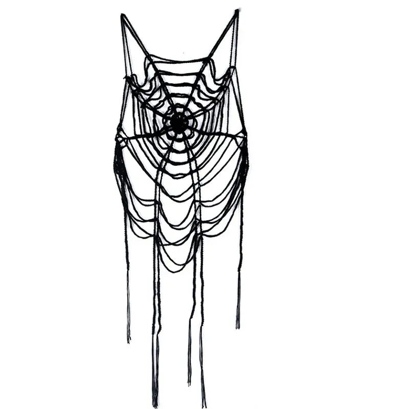 Harajuku Gothic Red Black Spider Web Tassel Hollow Out Long Tank Top Alamode