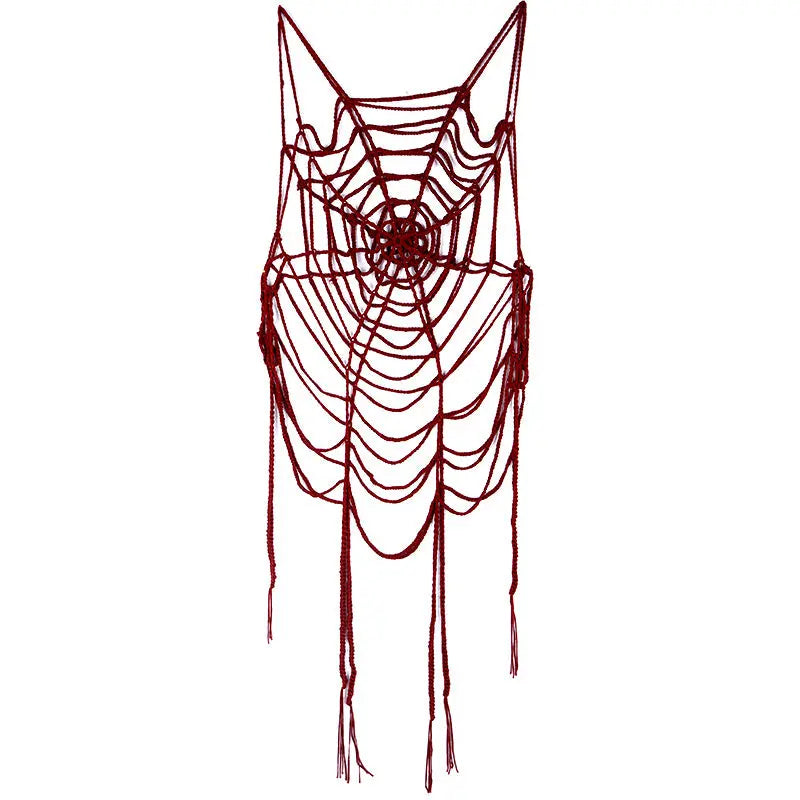 Harajuku Gothic Red Black Spider Web Tassel Hollow Out Long Tank Top Alamode
