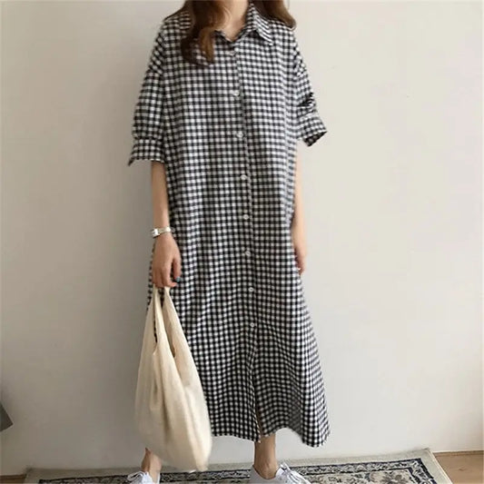 Harajuku Style Cotton Linen Dress Plaid Alamode