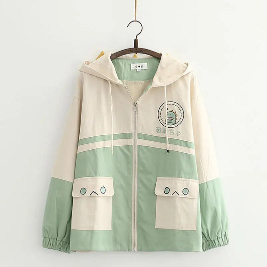 Harajuku Style Dinosaur Embroidered Hooded Jacket Alamode