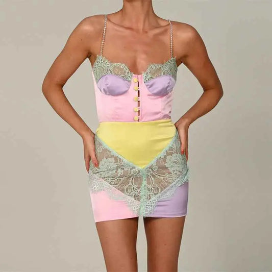 Harajuku Style Street Hipster Color Matching Hollow Sling Breasted Sexy Lace Dress - The elite ways