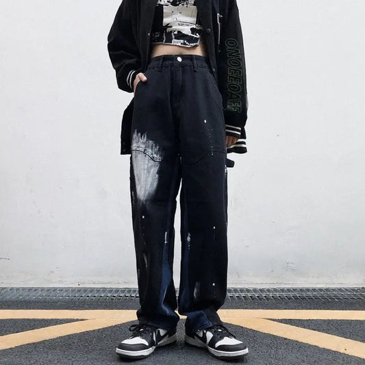 Harajuku-Style Tie-Dye Gradient Splattered Straight High-Rise Jeans Alamode