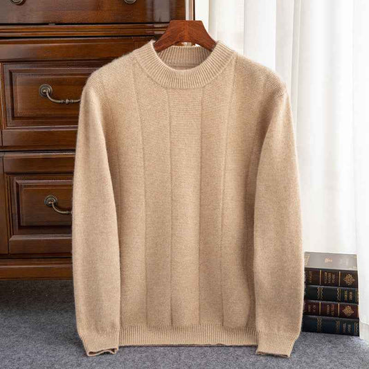 High Sense Autumn And Winter New Cashmere Sweater Men's Round Neck Striped Double Thick Sweater Casual Solid Color Bottoming Shirt - The elite ways