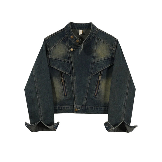 Hong Kong Style Retro Stand Up Collar Denim Short Jacket For Women Alamode