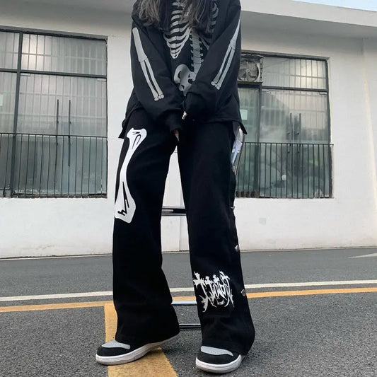 INS Harajuku Style Breasted Casual Loose Denim Trousers Alamode