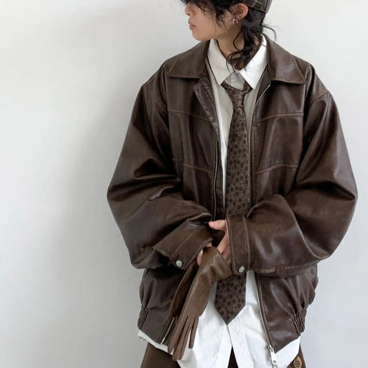 Japanese Retro Motorcycle Leather Jacket Loose High Street - The elite ways