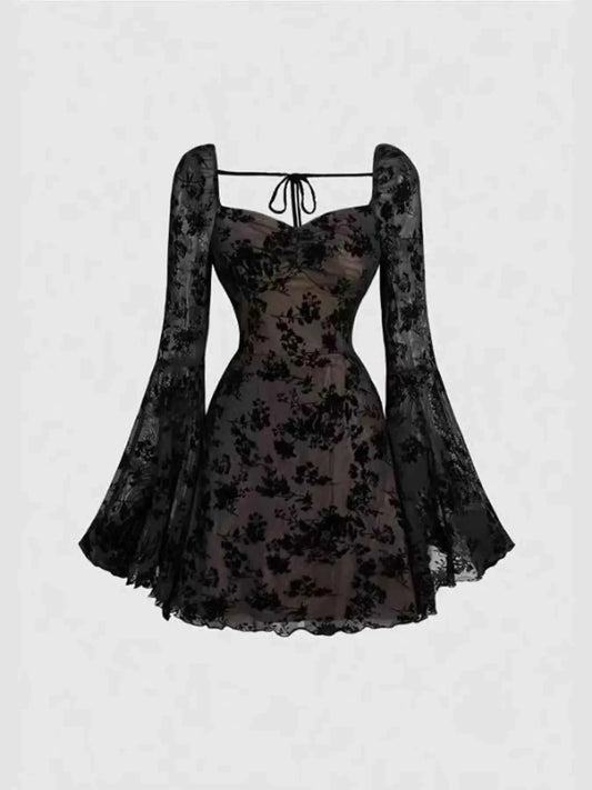Lace Flare Sleeve Mini Dress