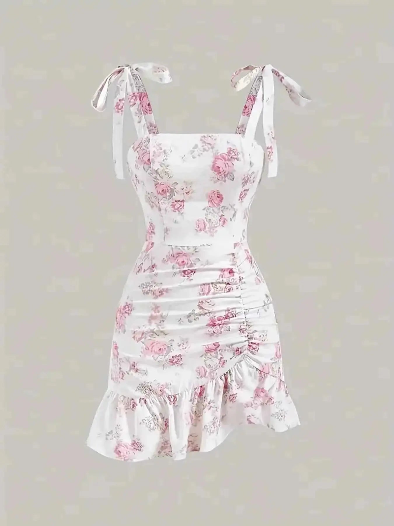 Ruffled Hem Floral Tie-Strap Mini Dress