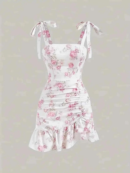 Ruffled Hem Floral Tie-Strap Mini Dress
