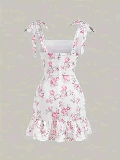Ruffled Hem Floral Tie-Strap Mini Dress