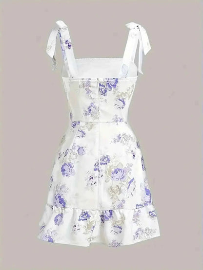 Ruffled Hem Floral Tie-Strap Mini Dress
