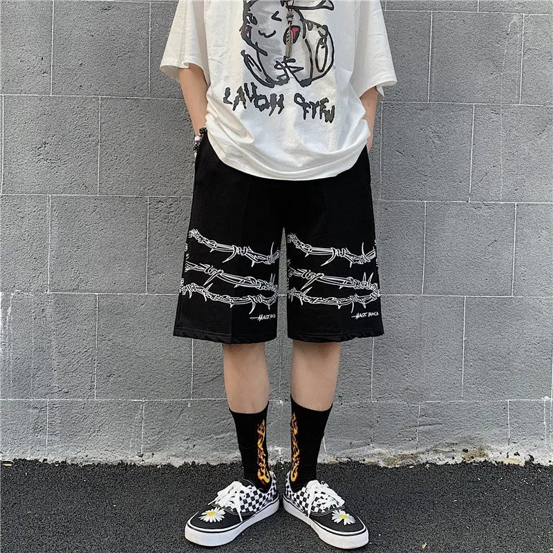 Shorts Men's Loose Casual Trend Dark Line Harajuku Style Front And Rear Iron Chain Pattern Fashion Sports.