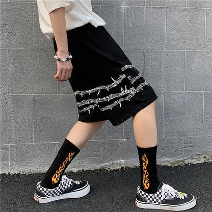 Shorts Men's Loose Casual Trend Dark Line Harajuku Style Front And Rear Iron Chain Pattern Fashion Sports.