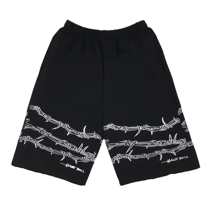 Shorts Men's Loose Casual Trend Dark Line Harajuku Style Front And Rear Iron Chain Pattern Fashion Sports.
