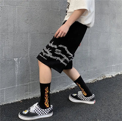 Shorts Men's Loose Casual Trend Dark Line Harajuku Style Front And Rear Iron Chain Pattern Fashion Sports.