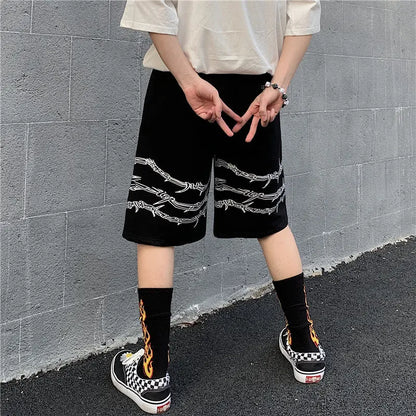 Shorts Men's Loose Casual Trend Dark Line Harajuku Style Front And Rear Iron Chain Pattern Fashion Sports.