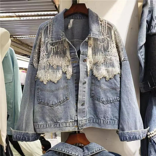 Splicing Beads Diamond Grenadine Loose Denim Jacket Alamode