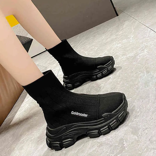 Spring And Autumn Fashion Thick Soled Height Increasing Flyknit Elastic Boots Alamode