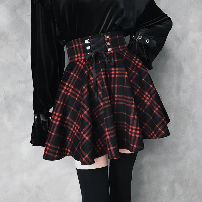 Spring, Autumn And Winter Wide-Waisted Red Plaid Girl Dark Black Skirt Female Woolen High-Waisted Tutu Skirt Ins Wild Tide.