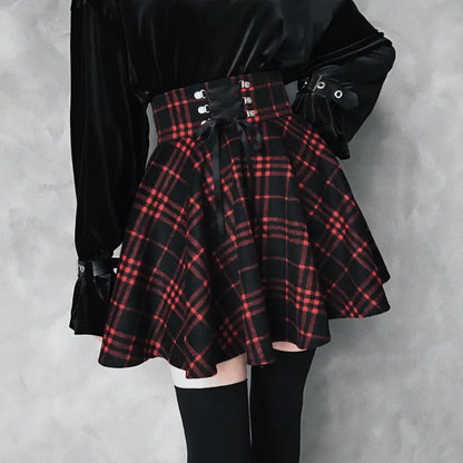Spring, Autumn And Winter Wide-Waisted Red Plaid Girl Dark Black Skirt Female Woolen High-Waisted Tutu Skirt Ins Wild Tide.