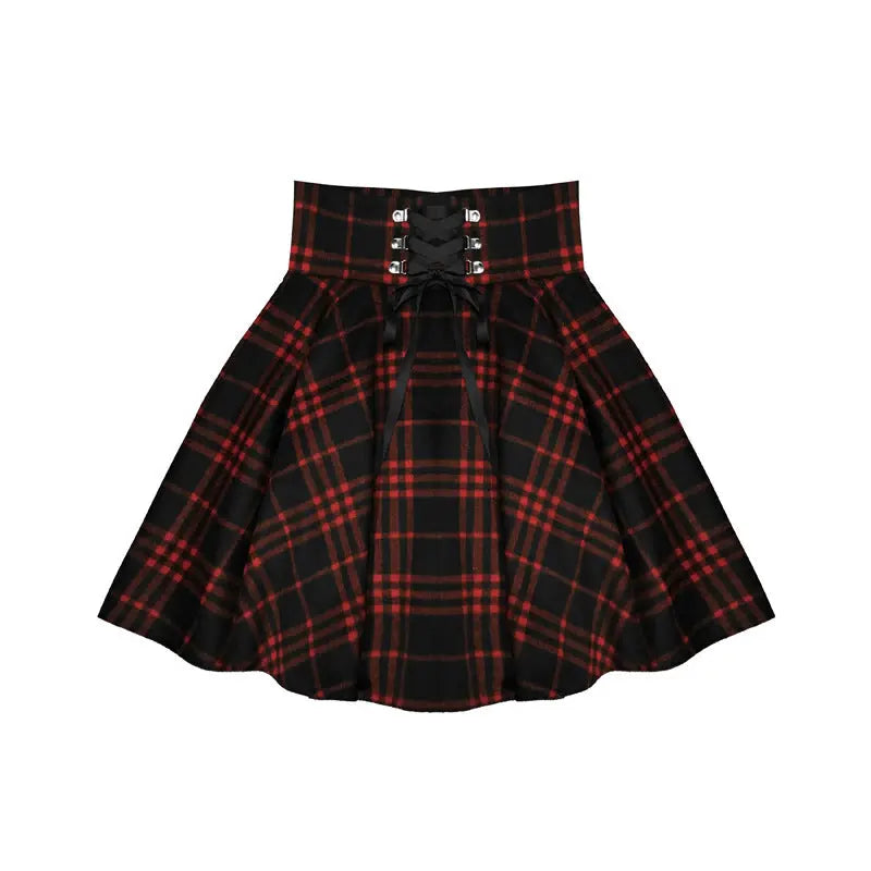 Spring, Autumn And Winter Wide-Waisted Red Plaid Girl Dark Black Skirt Female Woolen High-Waisted Tutu Skirt Ins Wild Tide.