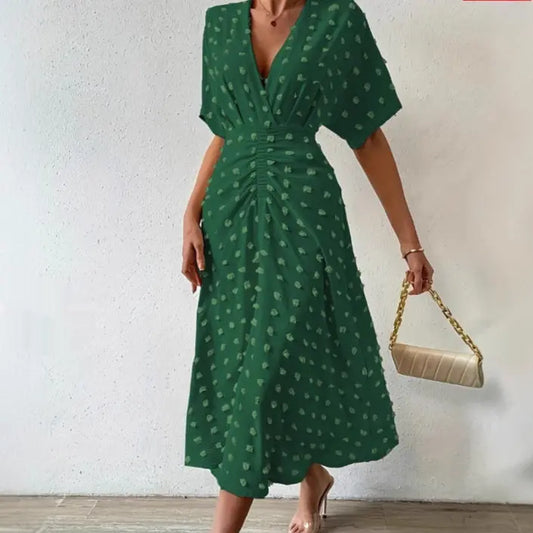 Summer New Fur Ball Ruffle Sleeve V-neck Waist Tied Dress Alamode