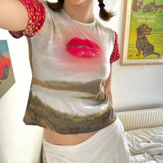 Summer New Harajuku Retro Mouth Printed Short-sleeved T-shirt For Women Alamode
