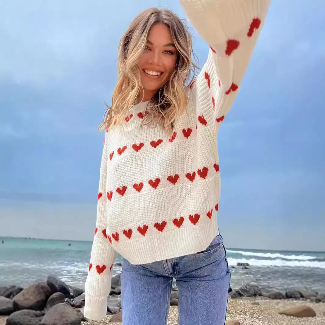 Sweet Cute Love Heart Two-tone Jacquard Contrast Color Round Neck Long Sleeve Sweater Alamode