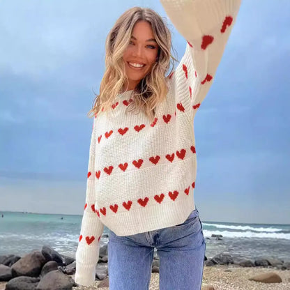 Sweet Cute Love Heart Two-tone Jacquard Contrast Color Round Neck Long Sleeve Sweater Alamode
