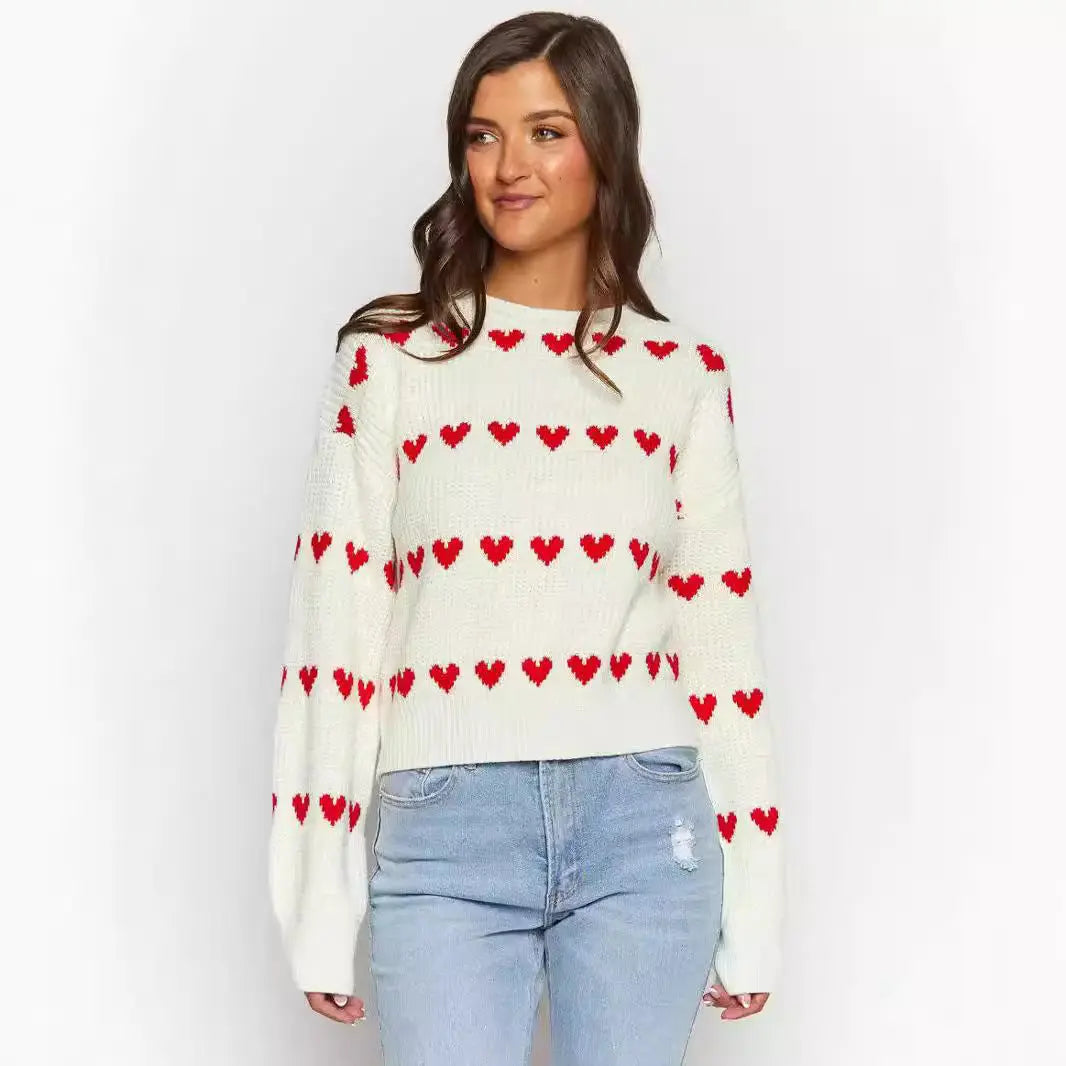 Sweet Cute Love Heart Two-tone Jacquard Contrast Color Round Neck Long Sleeve Sweater Alamode
