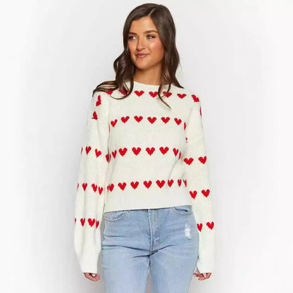 Sweet Cute Love Heart Two-tone Jacquard Contrast Color Round Neck Long Sleeve Sweater Alamode