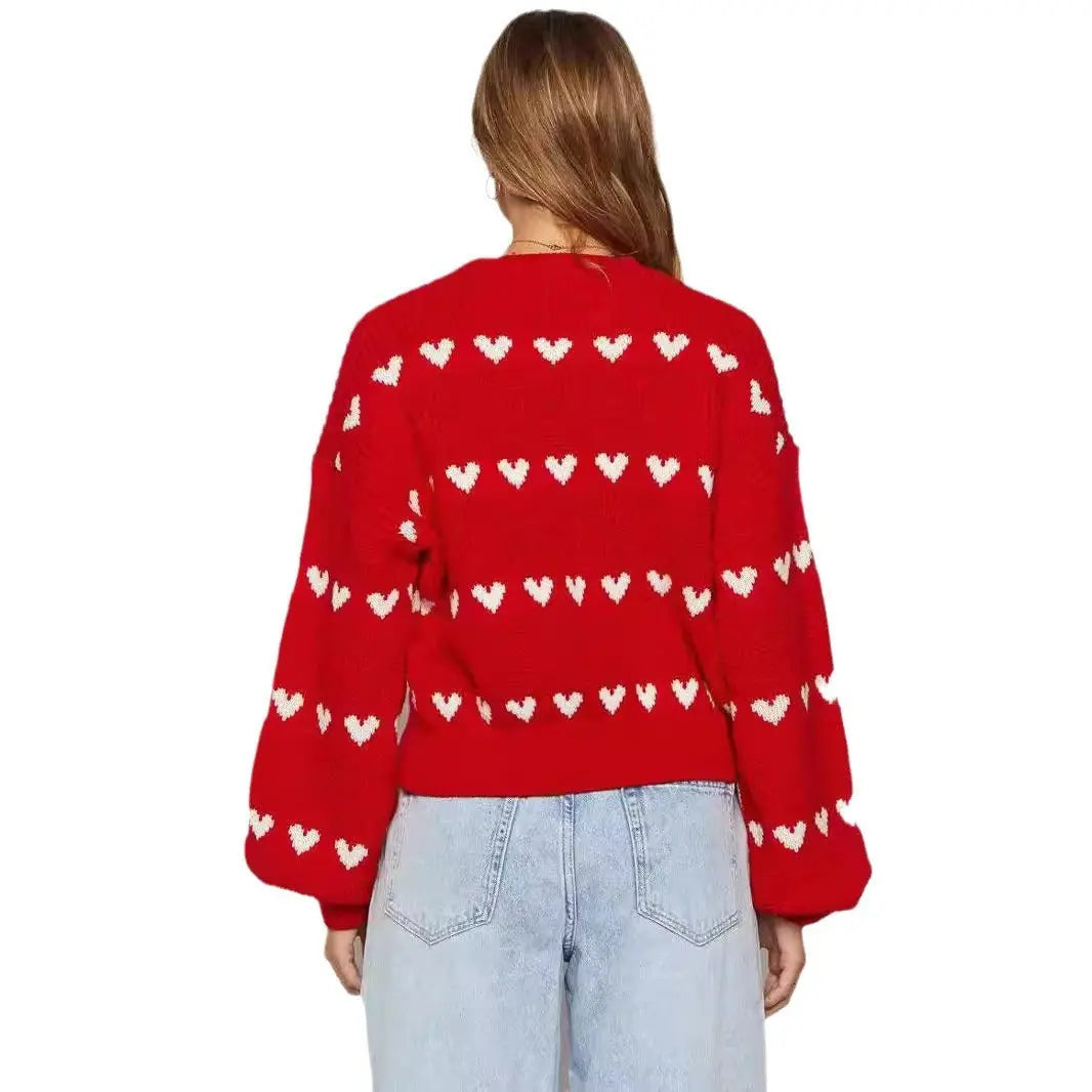 Sweet Cute Love Heart Two-tone Jacquard Contrast Color Round Neck Long Sleeve Sweater Alamode