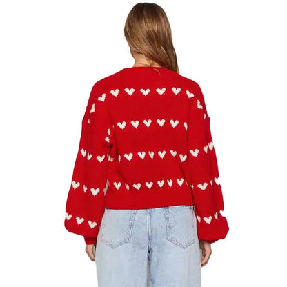 Sweet Cute Love Heart Two-tone Jacquard Contrast Color Round Neck Long Sleeve Sweater Alamode