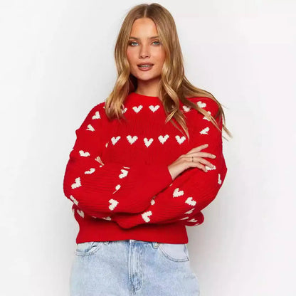 Sweet Cute Love Heart Two-tone Jacquard Contrast Color Round Neck Long Sleeve Sweater Alamode