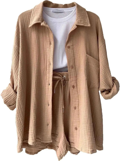 Textured Button Up Shirt and Shorts Set