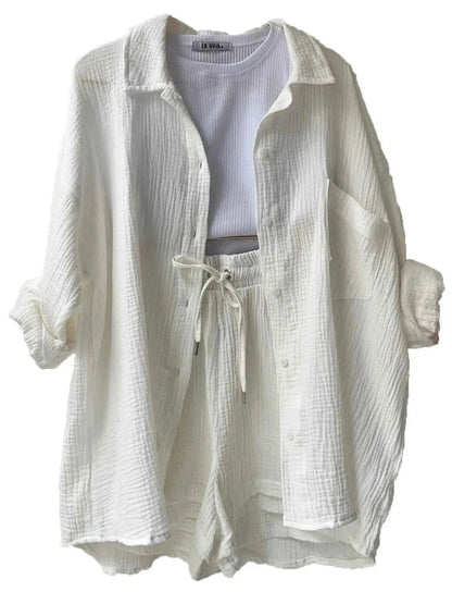 Textured Button Up Shirt and Shorts Set