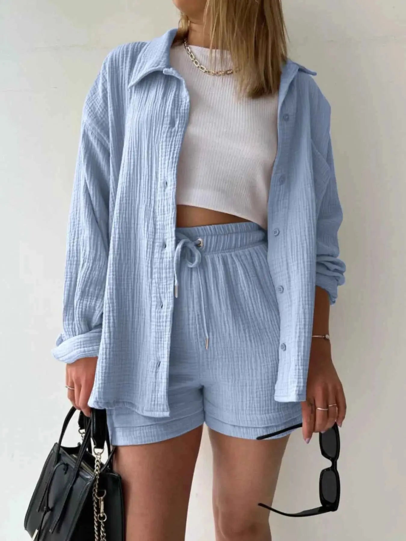 Textured Button Up Shirt and Shorts Set
