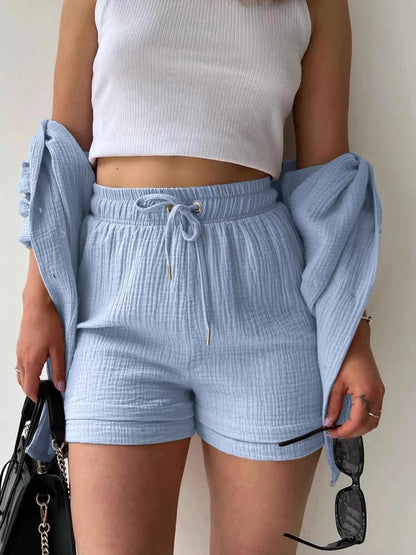 Textured Button Up Shirt and Shorts Set