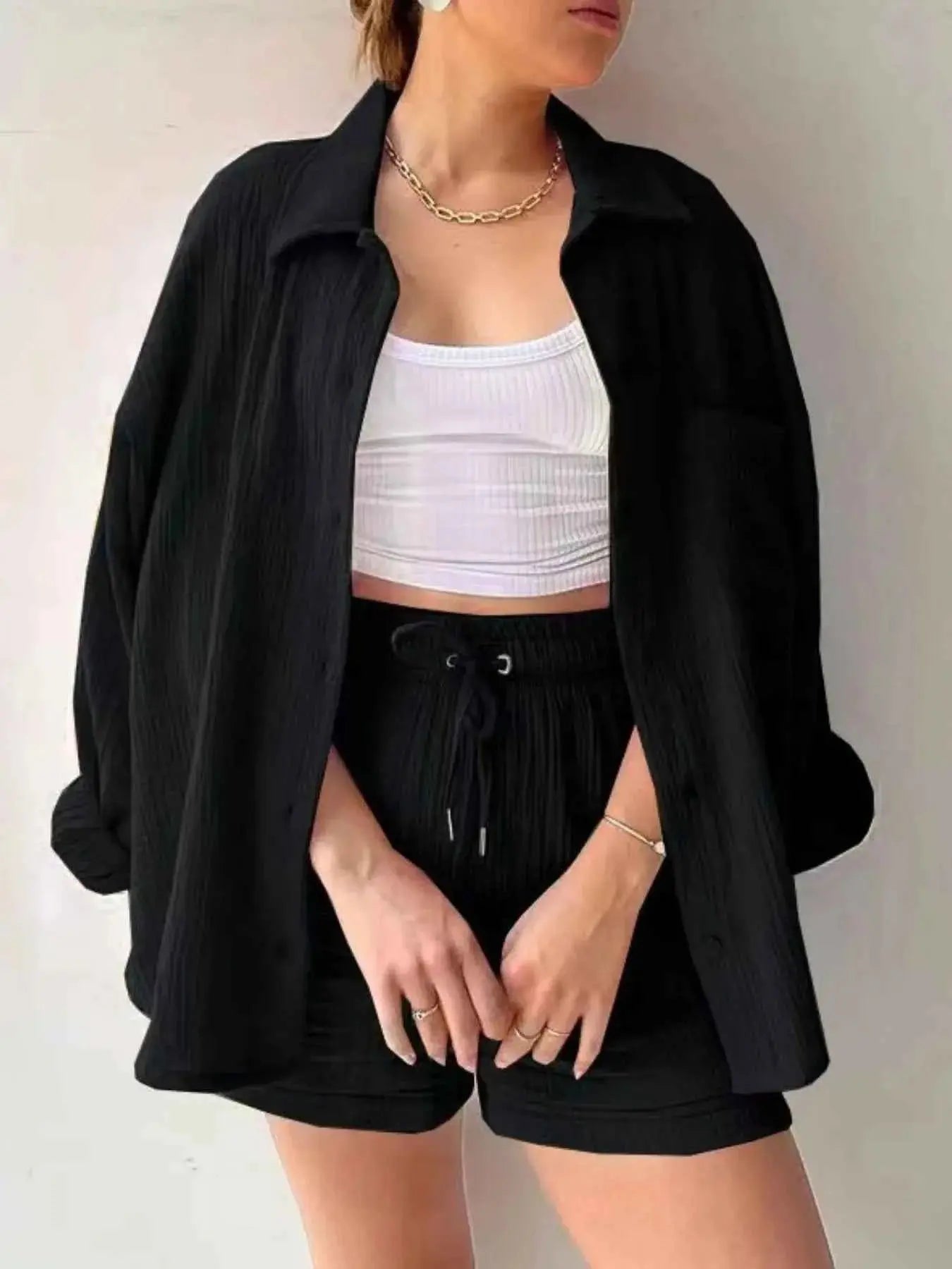 Textured Button Up Shirt and Shorts Set