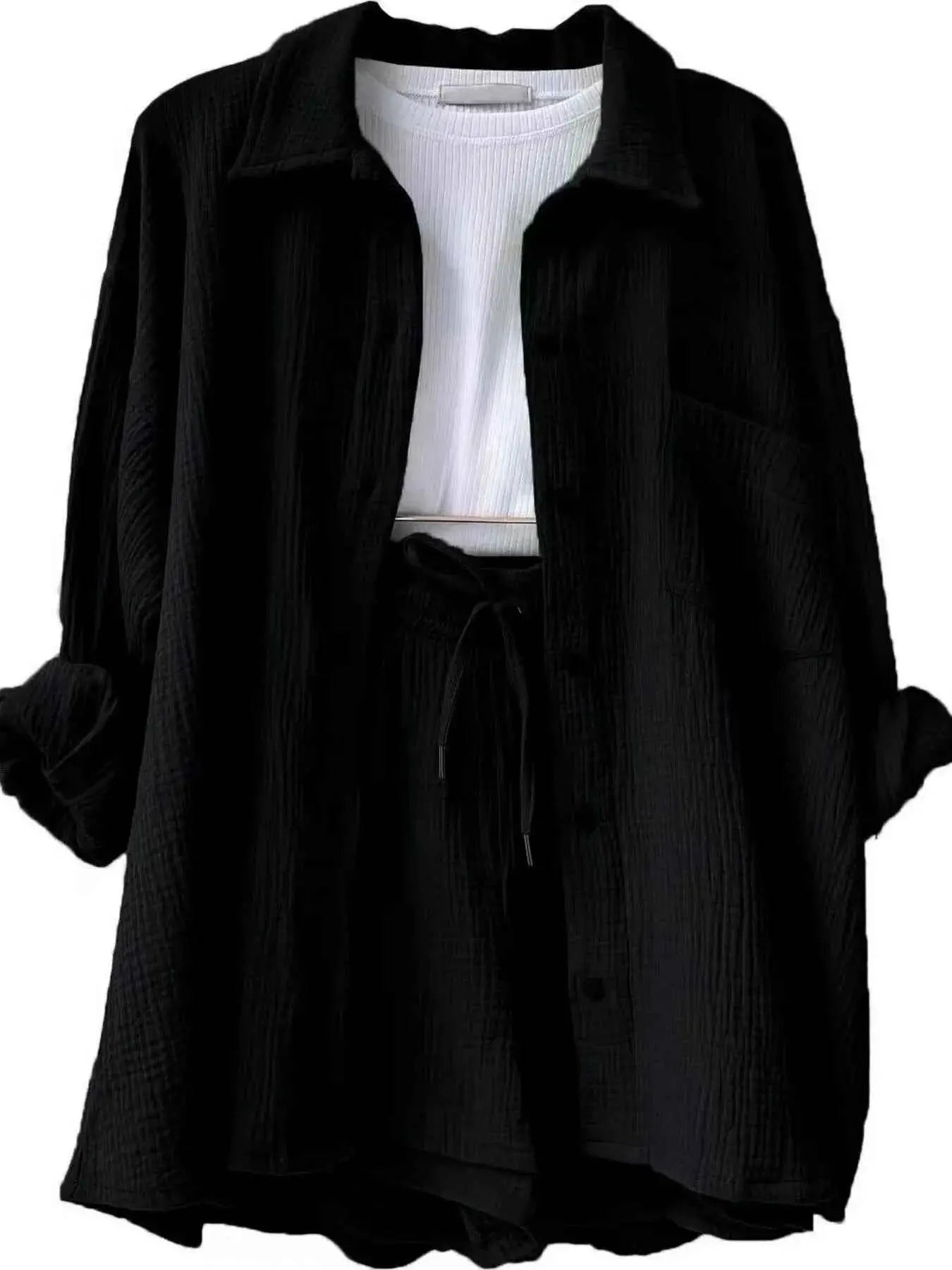 Textured Button Up Shirt and Shorts Set