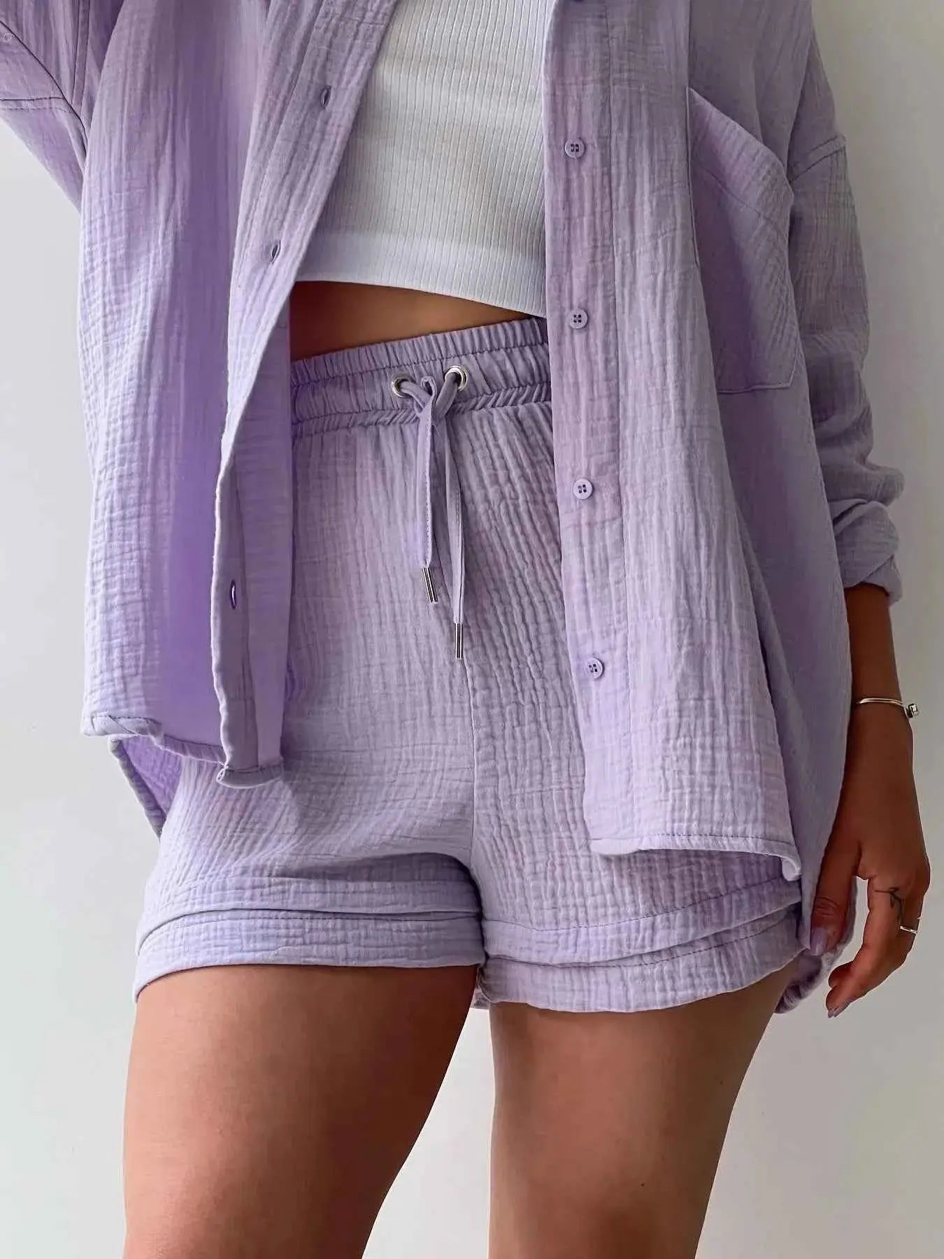 Textured Button Up Shirt and Shorts Set