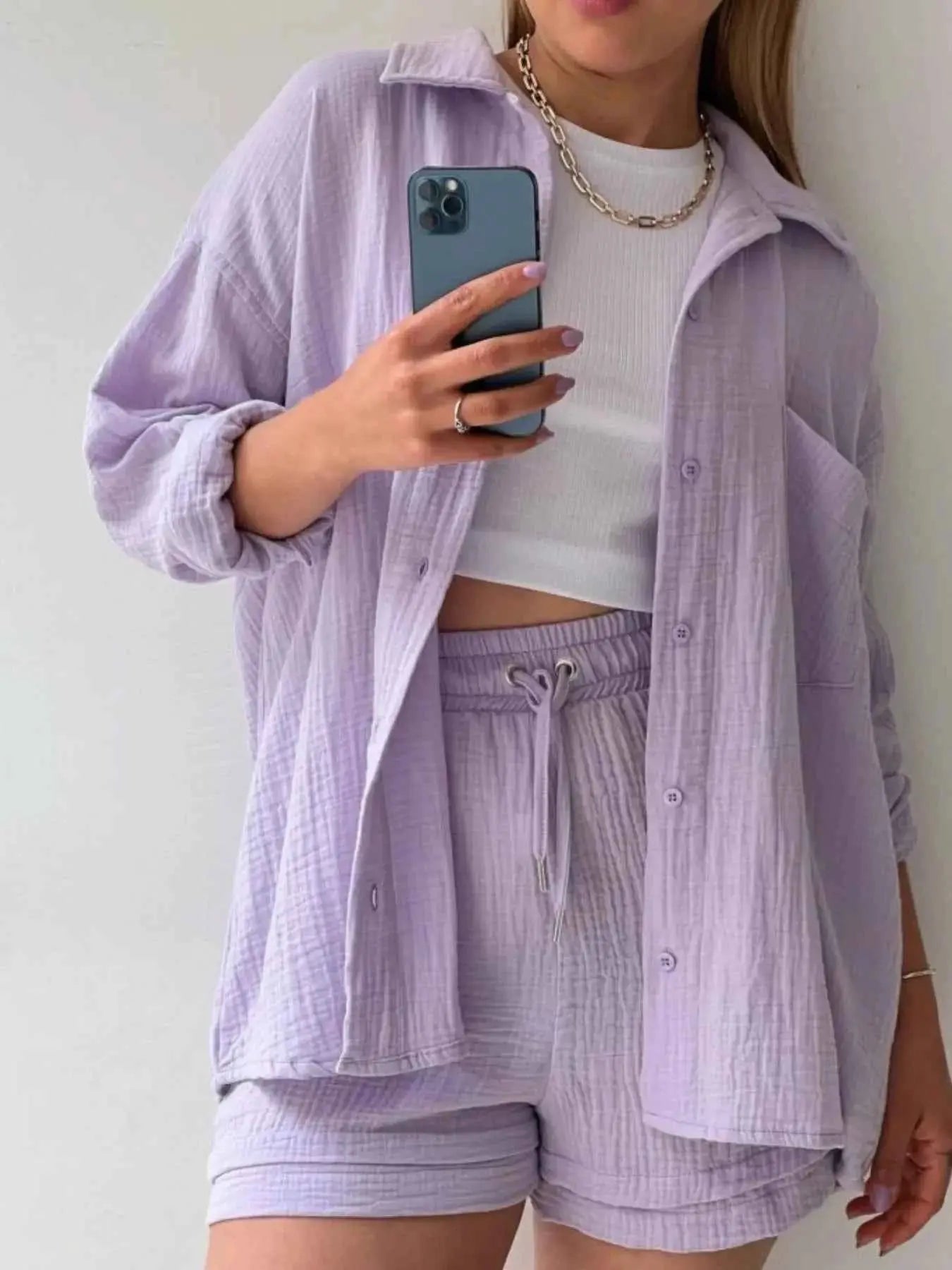 Textured Button Up Shirt and Shorts Set