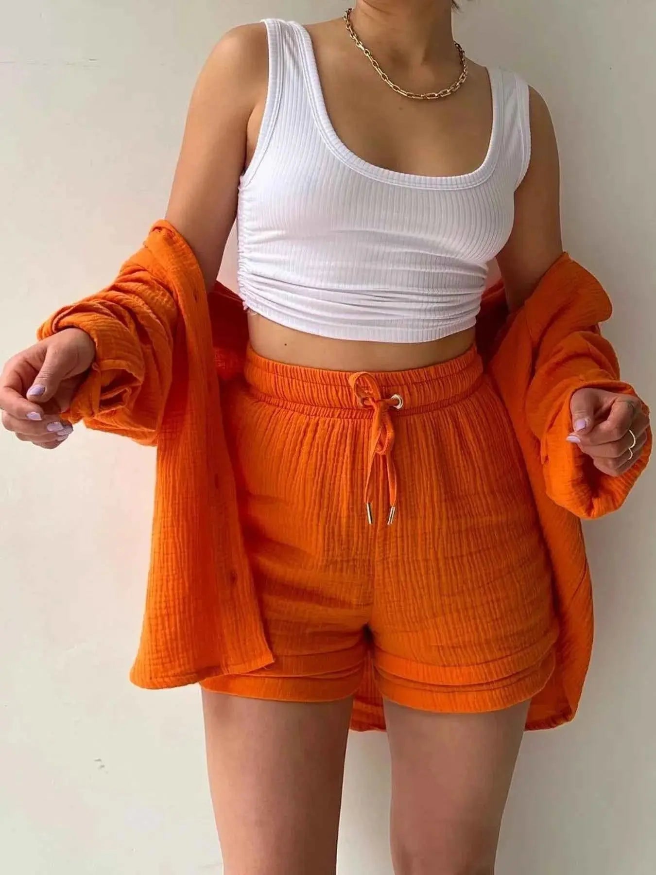 Textured Button Up Shirt and Shorts Set