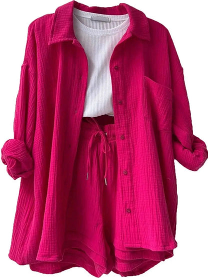 Textured Button Up Shirt and Shorts Set