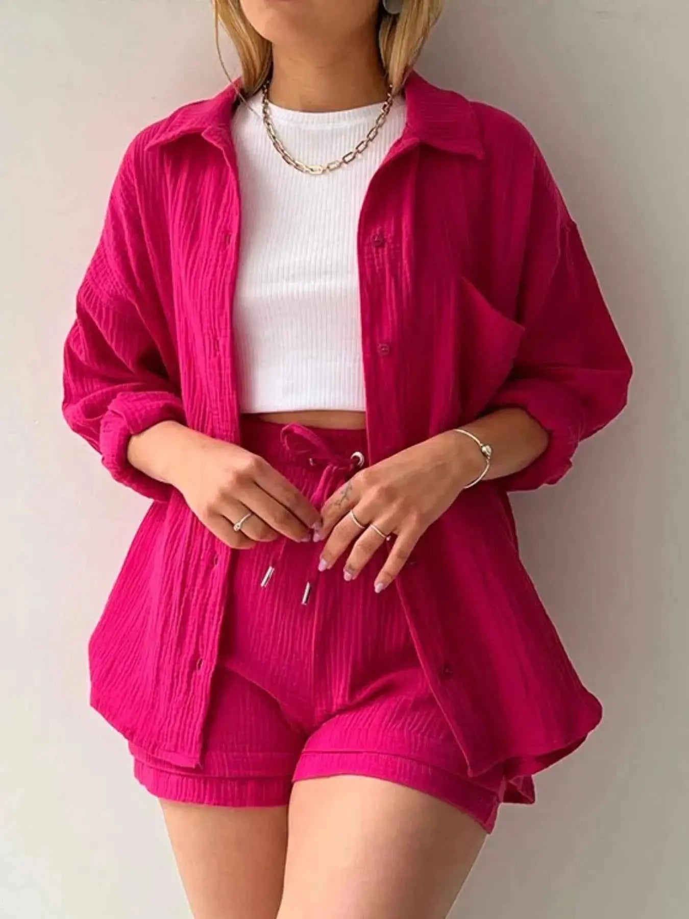 Textured Button Up Shirt and Shorts Set